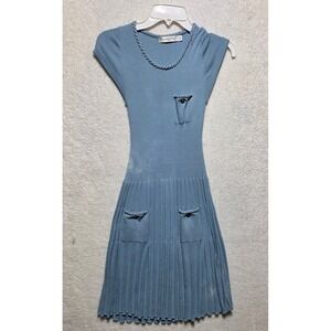 Christian Dior Blue Ribbed Knit Pleated Dress Short Sleeve Italy Size 0 *READ*